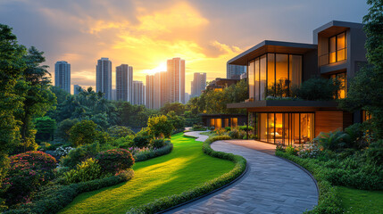 Fototapeta premium Sunset view over modern buildings and landscaped gardens in an urban setting