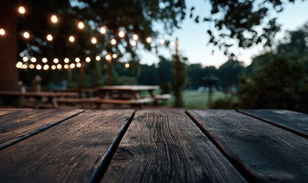 Rustic wooden table, outdoor setting, evening ambiance, blurred background of picnic tables and string lights