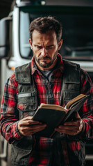 Man reading book indoors while wearing a flannel shirt in a cozy workspace setting