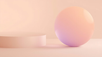 The abstract background features a translucent gradient sphere in pink, peach, and lavender, blending with a smooth beige or nude tone for a calming, modern aesthetic.