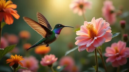 Naklejka premium Vibrant hummingbird in flight amongst colorful flowers.