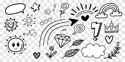 Hand drawn doodle elements collection with stars hearts and floral accents for decoration and design projects