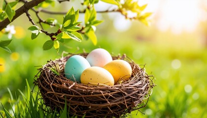 Obraz premium Pastel Easter Eggs in a Bird's Nest