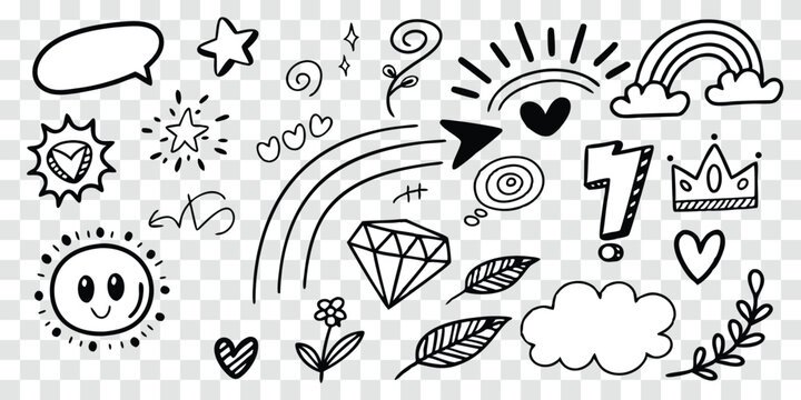 Hand drawn doodle elements collection with stars hearts and floral accents for decoration and design projects