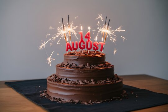 Celebrate special moments with a stunning chocolate birthday cake adorned with sparklers and '14 August' candles, creating a festive and memorable scene.