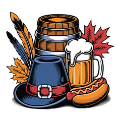 Oktoberfest Icons Vector Set Beer, Pretzel, Hat, Sausage & Autumn Elements
