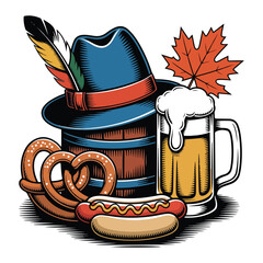 Oktoberfest Icons Vector Set Beer, Pretzel, Hat, Sausage & Autumn Elements
