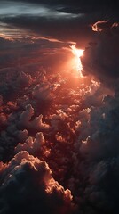 Dramatic Sunset Light Piercing Through Clouds with Aerial View, and Scenic Landscape.