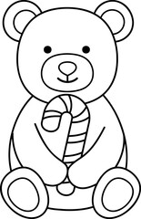 Christmas Teddy Bear outline isolated.
Festive teddy bear holding a candy cane coloring page.
Cute Holiday Bear Clipart.
Transparent background. svg.
