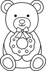 Christmas Teddy Bear outline isolated.
Festive teddy bear holding a Christmas wreath coloring page.
Cute Holiday Bear Clipart.
Transparent background. svg.