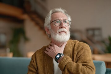 Senior with smartwatch sending emergency SOS alert, worried facial expression in a peaceful home 