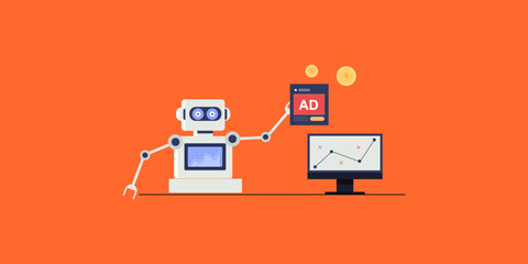 Intelligent robot showcase optimized ad campaigns, trending data on screen reflects strategic AI advertising and measurable business growth.   