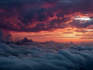 Dramatic Sunset over Mountains Above Clouds with Vibrant Sky, and Majestic Nature View.