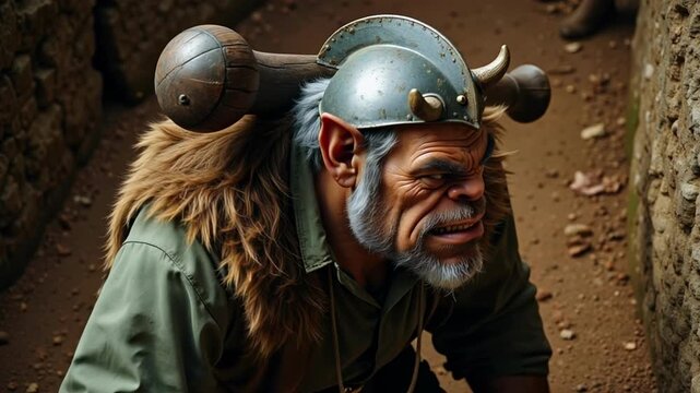 Fearsome elderly troll warrior with horned helmet and club, ready for epic fantasy battle in rugged, muddy terrain