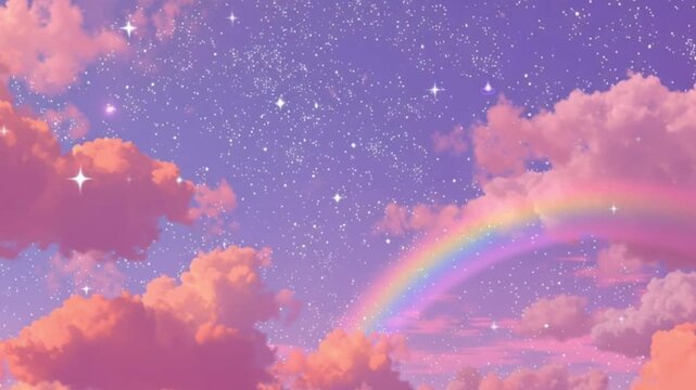 Pink dreamy sky. Animated dreamy kawaii pastel pink,purple and blue rainbow with sparkling stars in a soft sky, cute and whimsical sky background. Stars,rainbow and fluffy clouds