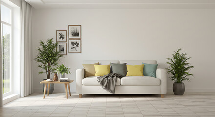 Scandinavian style living room interior with a comfortable white sofa, colorful accent pillows, and large houseplants. Modern home design with copy space on the white wall.