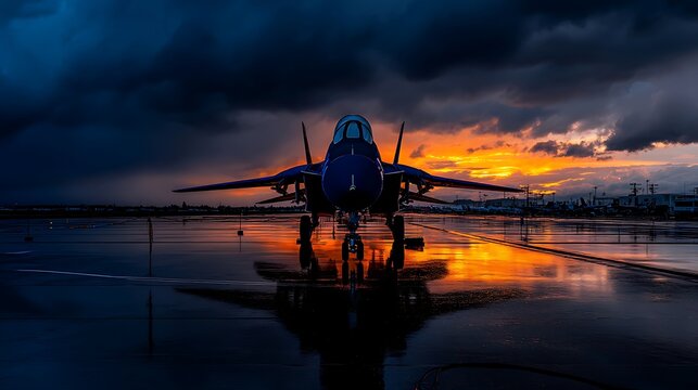 Dramatic Sunset View F14 Tomcat Jet Reflected on Wet Runway.