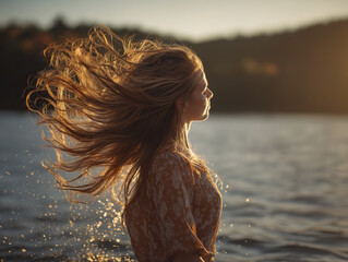 Woman with long hair flipping in wind near body of water during sunset, creating dynamic and serene scene with warm lighting and natural surroundings