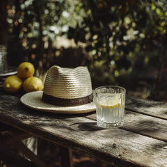 Straw hat with dark band, glass of lemonade with lemon slices, and green apples on rustic wooden table outdoors, bathed in warm sunlight, creating peaceful summer vibe