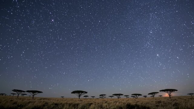 A mesmerizing wide-angle video captures a starry night sky over a savannah landscape, highlighting silhouetted trees under a vast, twinkling expanse.