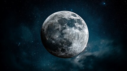 Dramatic View Full Moon in Space with Nebulae, Stars, Astronomy, and Night Sky Backdrop.