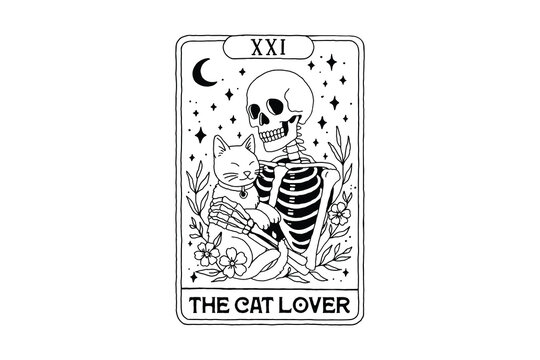 The Cat Lover Skeleton Tarot Card Illustration Halloween SVG Design