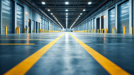 Modern warehouse floor with yellow markings on the floor