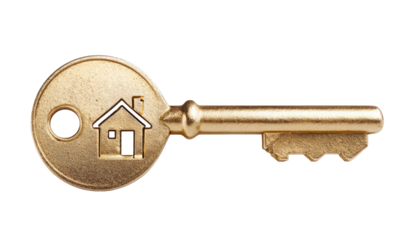 Gold key with house symbol. A brass-colored key, round head, depicts a small house silhouette