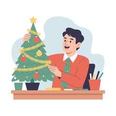 Man Decorating Office Christmas Tree