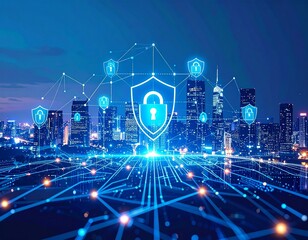 Digital Fortress: A panoramic cityscape is interwoven with an intricate network of digital security, forming a symbolic fortress of protection against the backdrop of a modern urban landscape.
