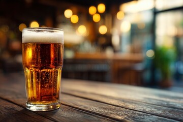 Beer glass filled with frothy amber liquid on a wood table blurred lights and background