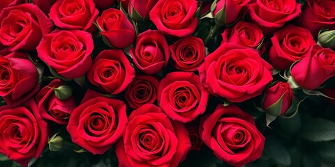 Intricate arrangement of velvety red roses, various stages of bloom,  visual,  vibrant