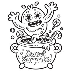Silly Monster in a Halloween Candy Mug – Adorable Cartoon Line Art Illustration for Kids Halloween Coloring Fun

