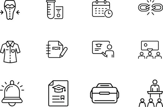 Daily school life icon set with uniform homework timetable class period bell