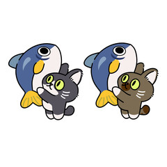 Cute Cartoon Cats Holding Big Fish Illustration Set