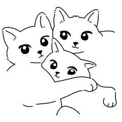 Family cats hugging vector line art outline 