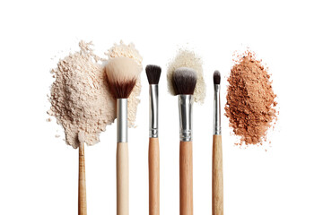 A flat lay of makeup brushes and beauty products arranged on a white isolated on a transparent background in PNG format.