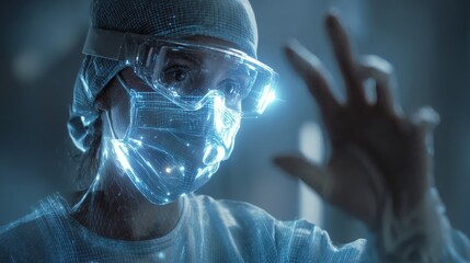 Transparent holographic surgical checklist floating next to scrubbed-in surgeon 