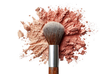 A flat lay of makeup brushes and beauty products arranged on a white isolated on a transparent background in PNG format.