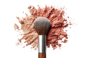 A flat lay of makeup brushes and beauty products arranged on a white isolated on a transparent background in PNG format.