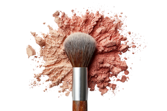 A flat lay of makeup brushes and beauty products arranged on a white isolated on a transparent background in PNG format.