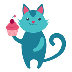 Vector illustration of a cat holding a cupcake