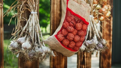Bags with dried natural onions and garlics hanging on wooden raft. Cultivating organic vegetables. Ecological seasonal products ready for customers. Concept of agricultural industry.