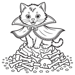 Upside Down Hanging Bat from Bone Branch – Cute Halloween Cartoon Line Art Illustration for Kids Coloring Books

