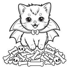 Cute Halloween Cat with Bat Wings Sitting in Candy Pile – Kawaii Black Cat Line Art Coloring Page for Kids

