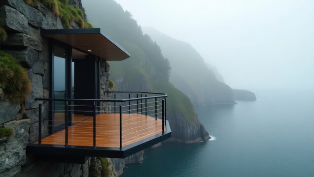 Modern dwelling perched on a cliff overlooking a misty sea.