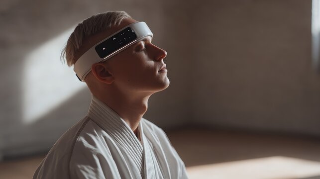 Wearable EEG headband tracking meditation depth, tranquil Zen space