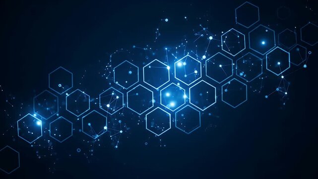 Blue glowing hexagons and interconnected dots on a dark background
