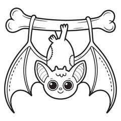 Cute Bat Hanging from Halloween Bone Frame – Spooky Cartoon Line Art Coloring Page for Kids