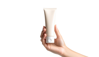 Beige Moisturizer Tube Hand Holding Moisturizing Cream Jar, Isolated on Transparent Background